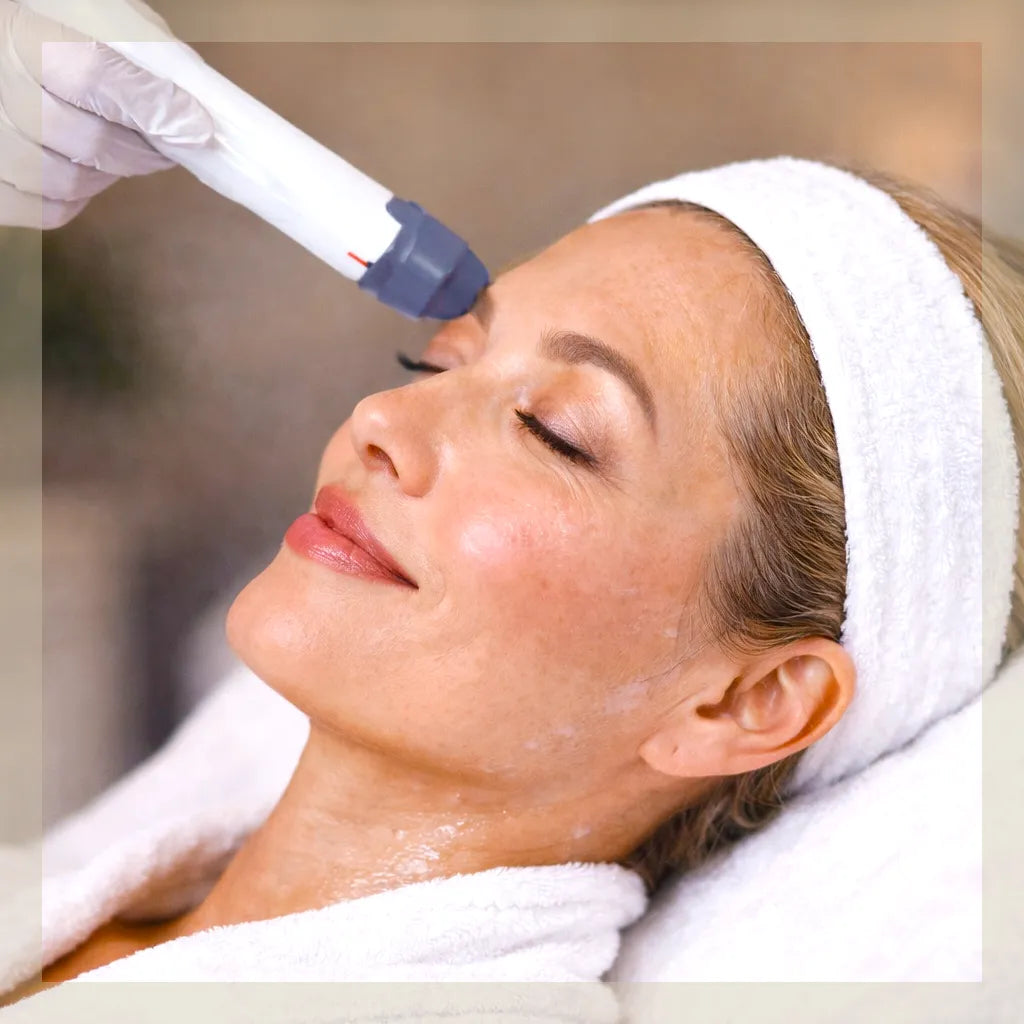 Handheld device with blue tip being applied to woman's forehead during facial treatment, woman wearing white headwrap.